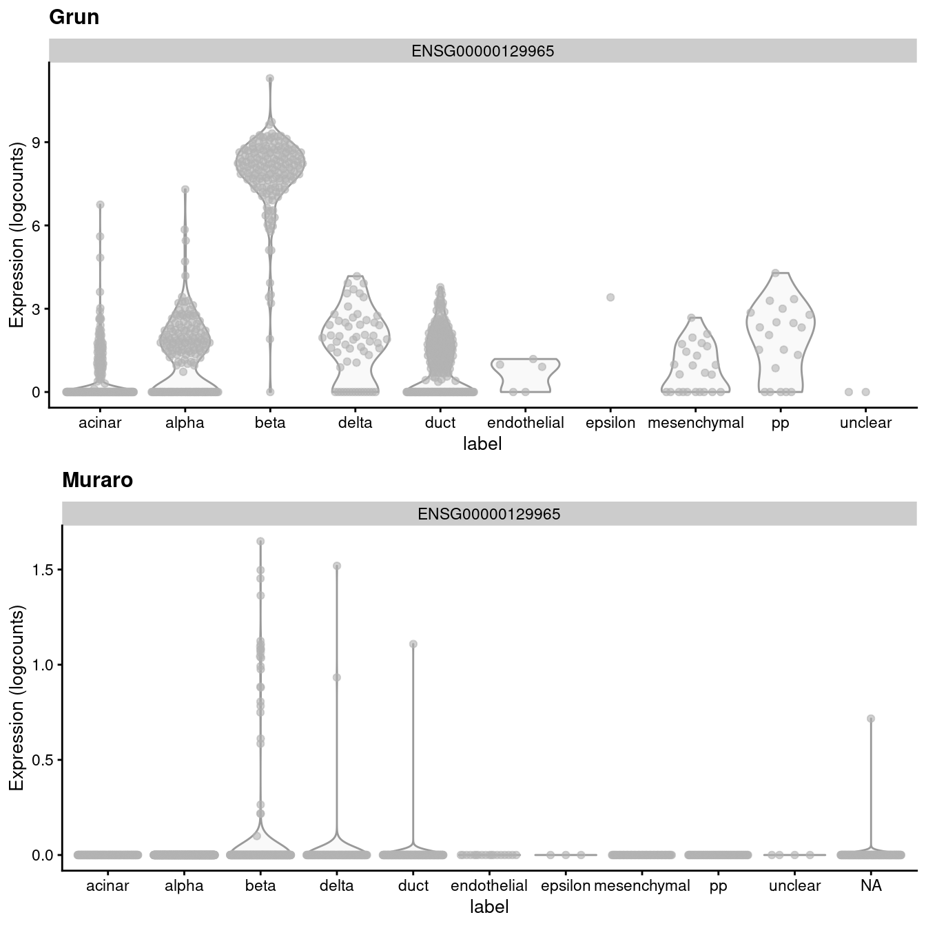 Distribution of uncorrected expression values for _INS-IGF2_ across the cell types in the Grun and Muraro pancreas datasets.
