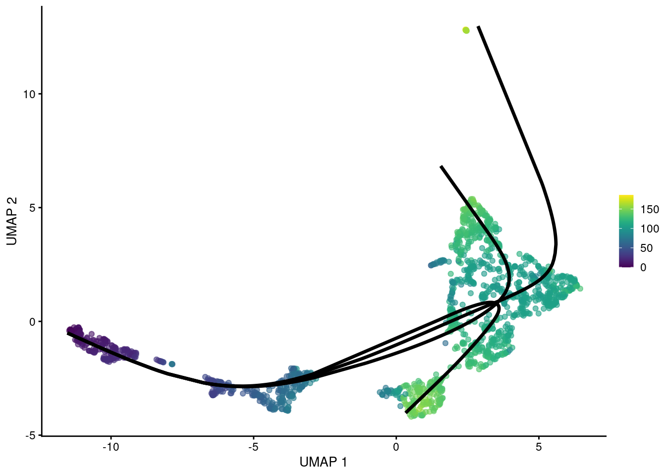 UMAP plot of the Nestorowa HSC dataset where each point is a cell and is colored by the average _slingshot_ pseudotime across paths. The principal curves fitted to each lineage are shown in black.