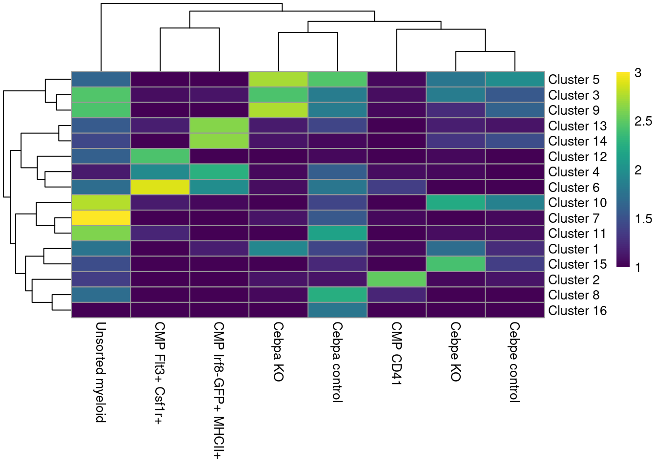 Heatmap of the distribution of cells across clusters (rows) for each experimental treatment (column).