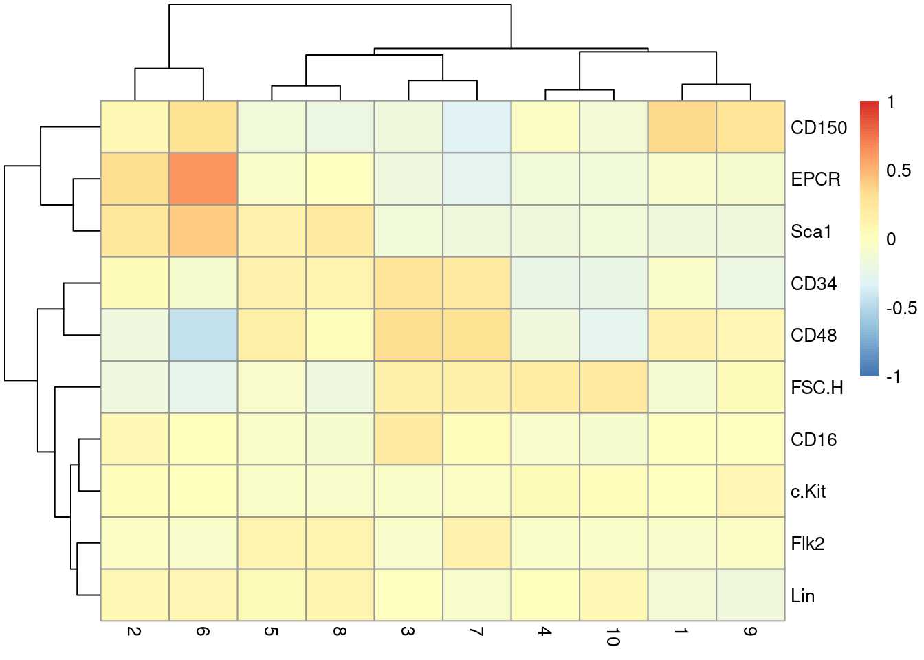Heatmap of the centered log-average intensity for each target protein quantified by FACS in the Nestorowa HSC dataset.