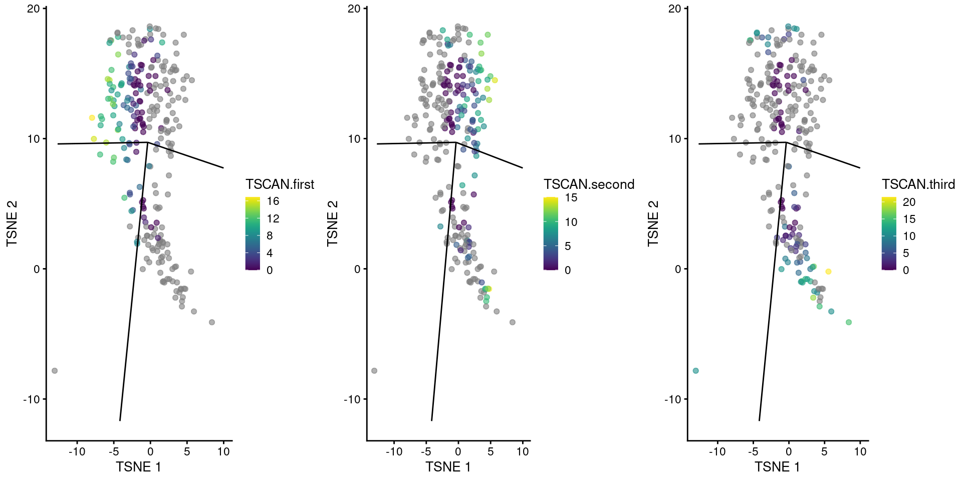 _TSCAN_-derived pseudotimes around cluster 3 in the Nestorowa HSC dataset. Each point is a cell in this cluster and is colored by its pseudotime value along the path to which it was assigned. The overlaid lines represent the relevant edges of the MST.