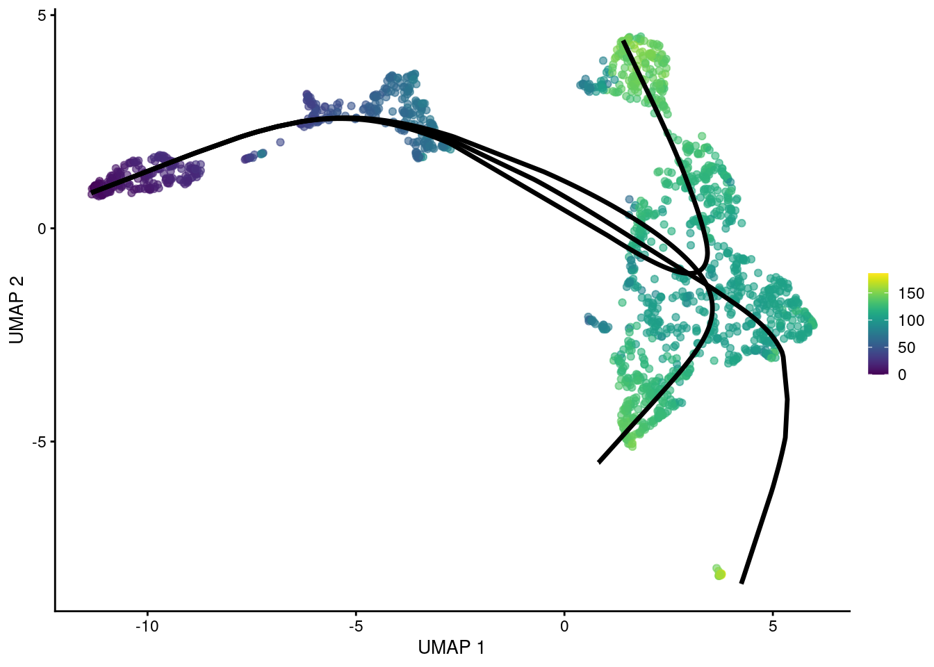 UMAP plot of the Nestorowa HSC dataset where each point is a cell and is colored by the average _slingshot_ pseudotime across paths. The principal curves fitted to each lineage are shown in black.