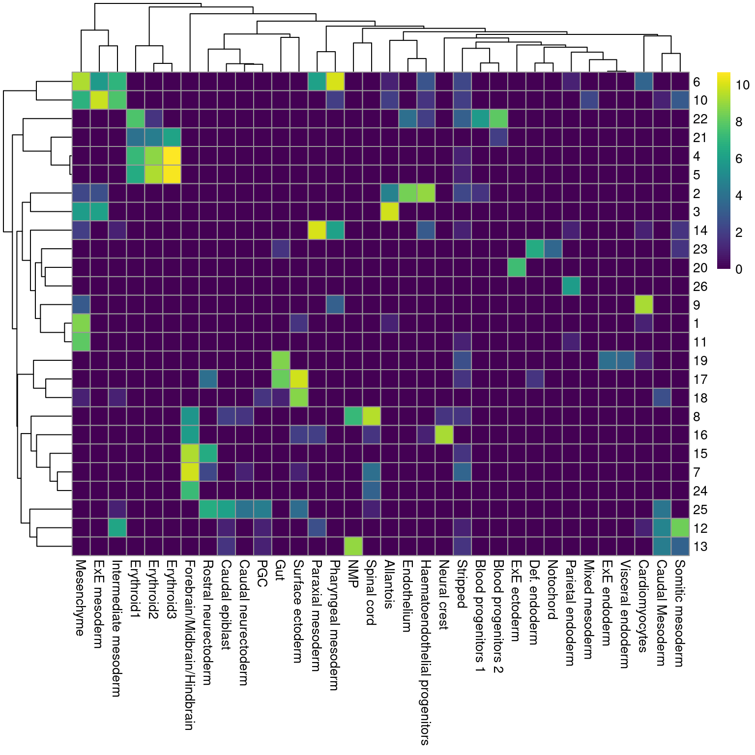 Heatmap showing the abundance of cells with each combination of cluster (row) and cell type label (column). The color scale represents the log~2~-count for each combination.