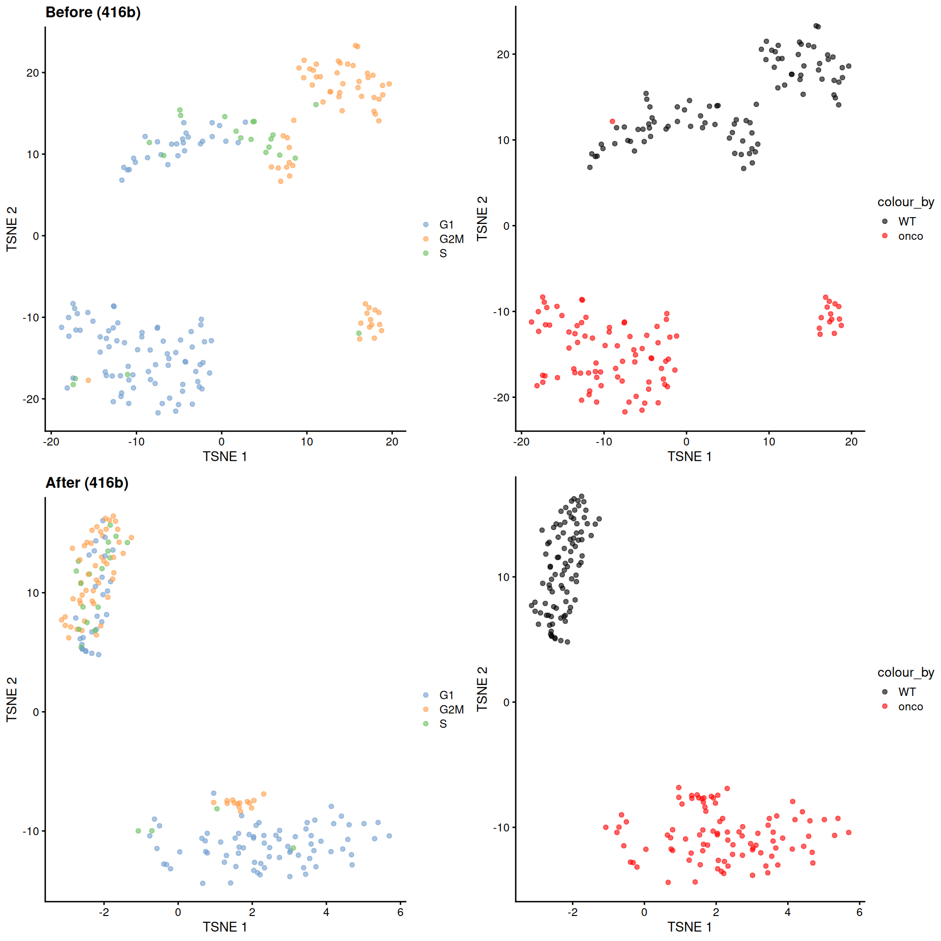 $t$-SNE plots for the 416B dataset before and after contrastive PCA. Each point is a cell and is colored according to its inferred cell cycle phase (left) or oncogene induction status (right).
