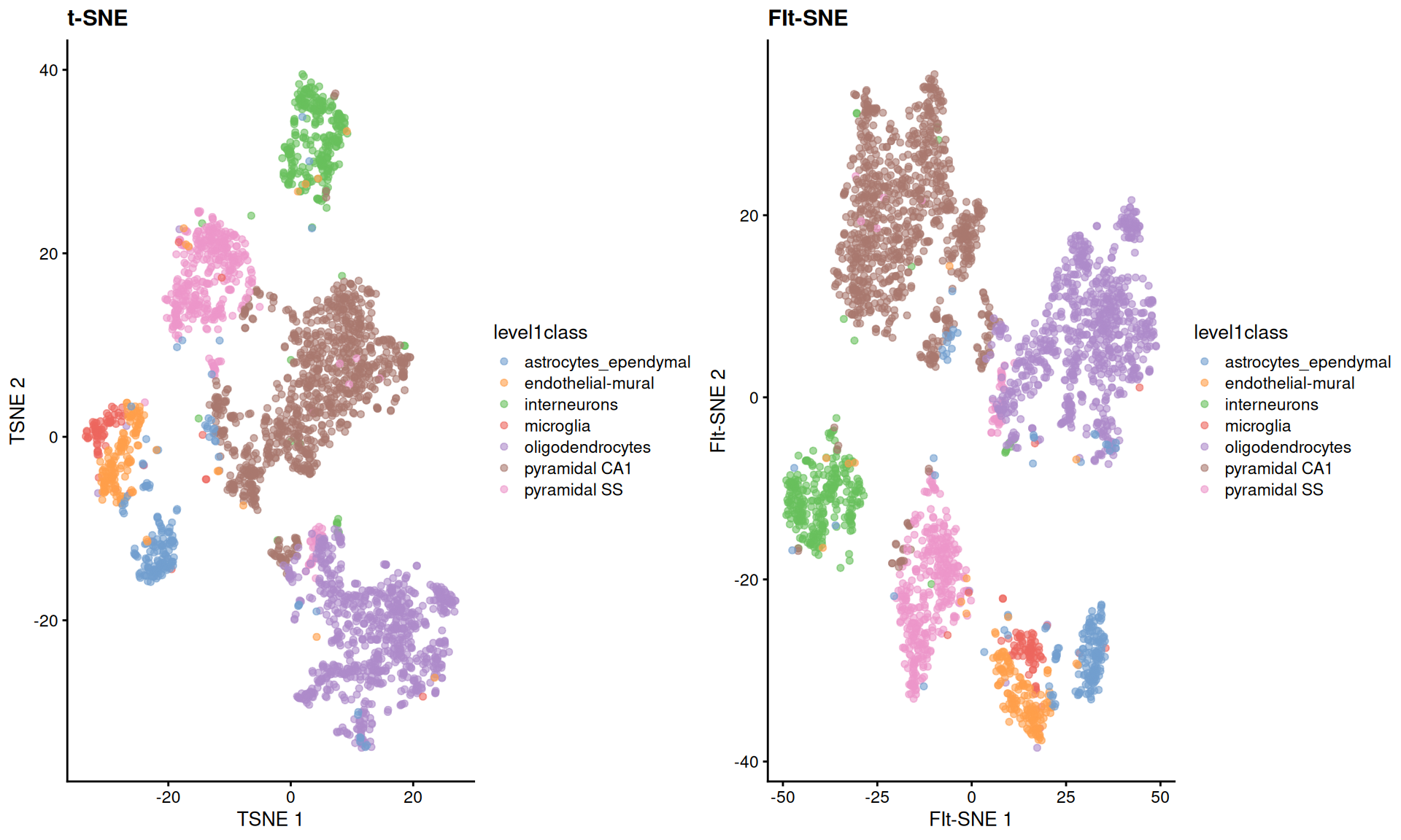 FI-tSNE embedding and Barnes-Hut $t$-SNE embeddings for the Zeisel brain data.