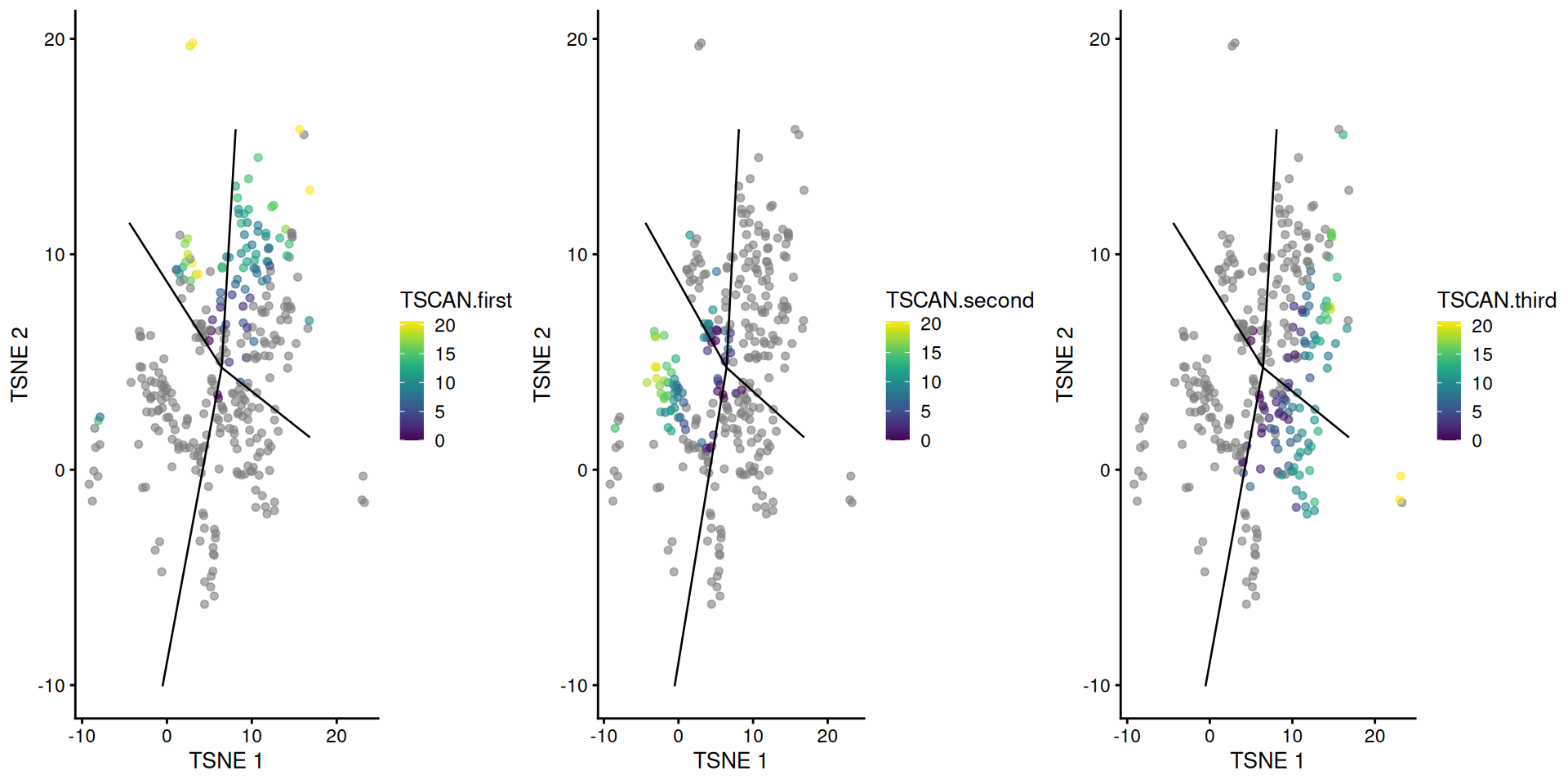 _TSCAN_-derived pseudotimes around cluster 2 in the Nestorowa HSC dataset. Each point is a cell in this cluster and is colored by its pseudotime value along the path to which it was assigned. The overlaid lines represent the relevant edges of the MST.