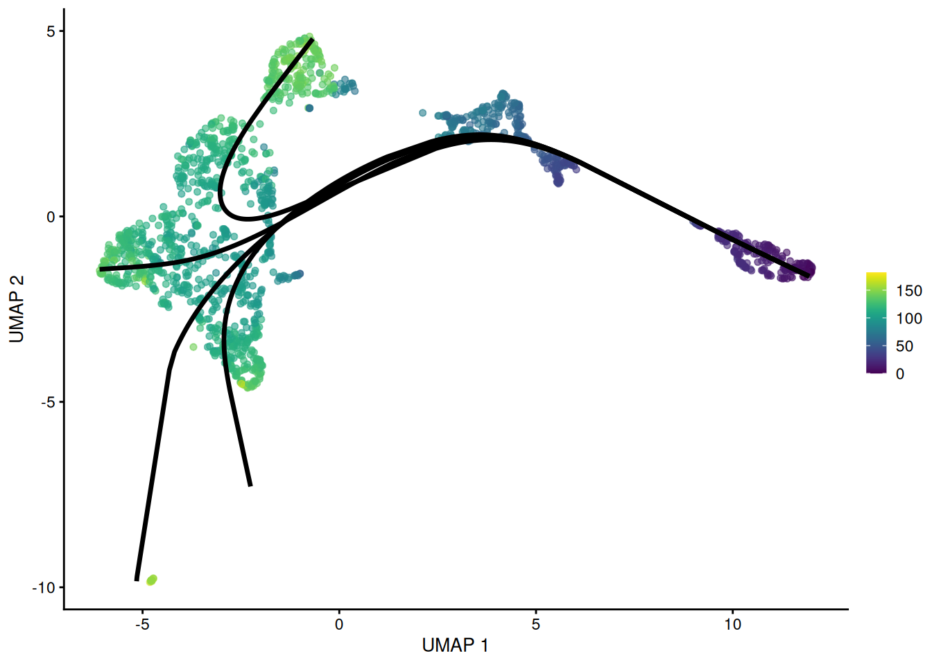 UMAP plot of the Nestorowa HSC dataset where each point is a cell and is colored by the average _slingshot_ pseudotime across paths. The principal curves fitted to each lineage are shown in black.