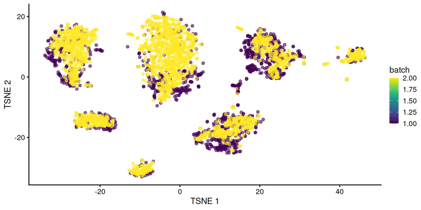 $t$-SNE plot of the two pancreas datasets after correction with `fastMNN()`. Each point represents a cell and is colored according to the batch of origin.