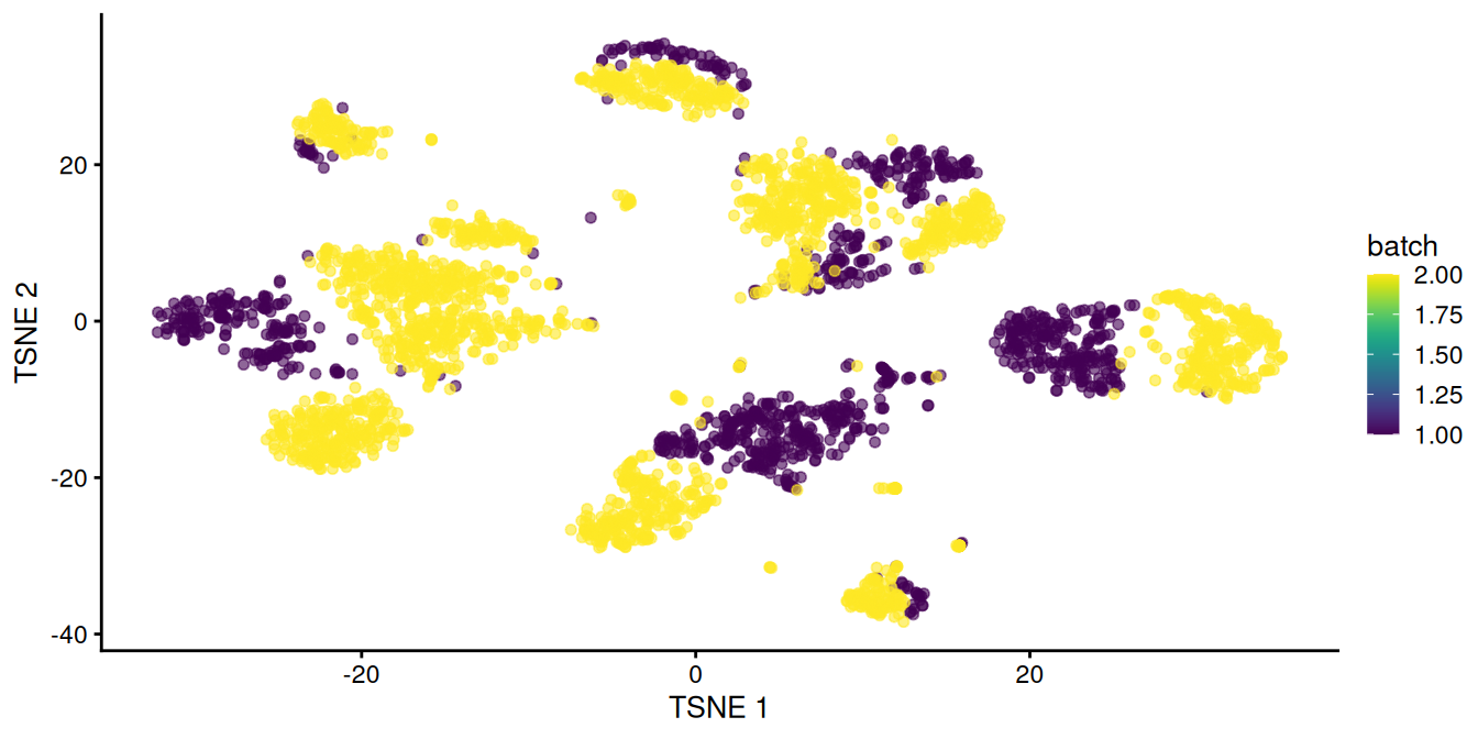 $t$-SNE plot of the two pancreas datasets after correction with `rescaleBatches()`. Each point represents a cell and is colored according to the batch of origin.