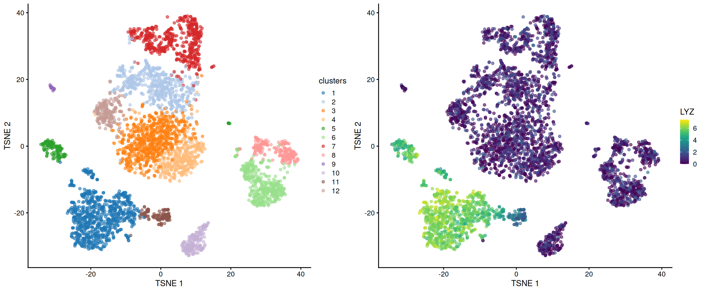 $t$-SNE plot of the cells in the PBMC dataset, colored by the assigned cluster (top) or the log-expression of the top marker gene in cluster 1 (bottom).
