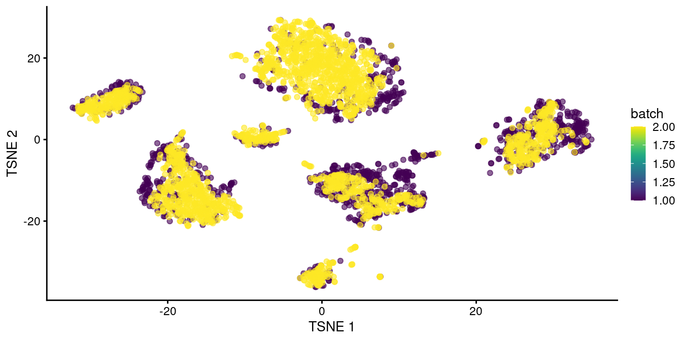 $t$-SNE plot of the two pancreas datasets after correction with `fastMNN()`. Each point represents a cell and is colored according to the batch of origin.